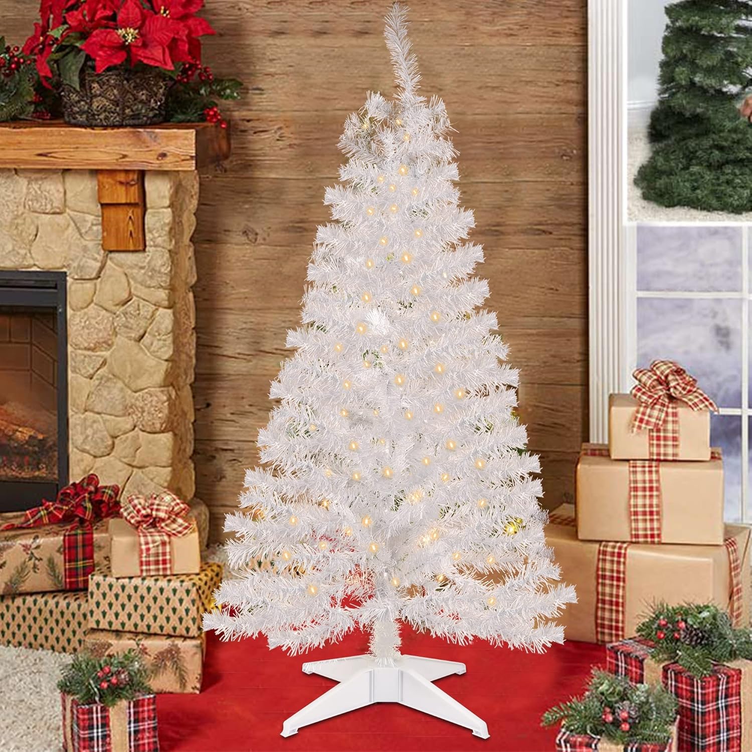 Trees - Juegoal 4 FT Pre-lit Artificial Christmas Tree, Lighted Tinsel Pencil Pine Spruce Trees with 70 Warm White LED lights, 8 Lighting Mode & Timer Function for Xmas Holiday Winter Home Party Decor (White)
