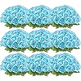 Jexine 100 Pieces Artificial Roses Flowers Bulk, Long Stem Realistic Fake Silk Roses Bouquet for Table Centerpiece Vases Wedding Party Kitchen Decor(Light Blue)