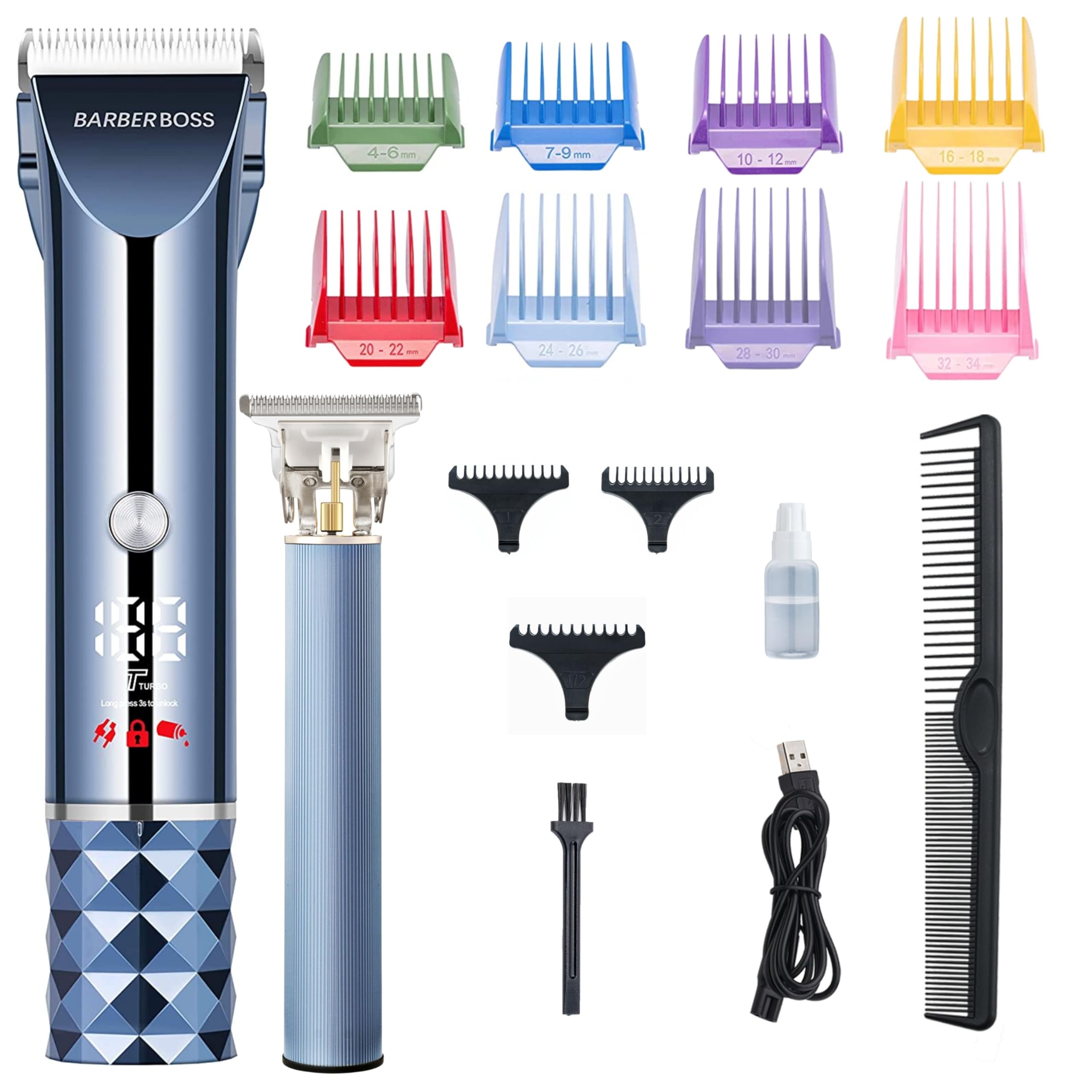 BarberBoss Cordless Hair Clippers for Men – Beard & Hair Trimmer Set with LED Oil Display, 8 Comb Attachments, Precision Blades for Face and Hair Grooming