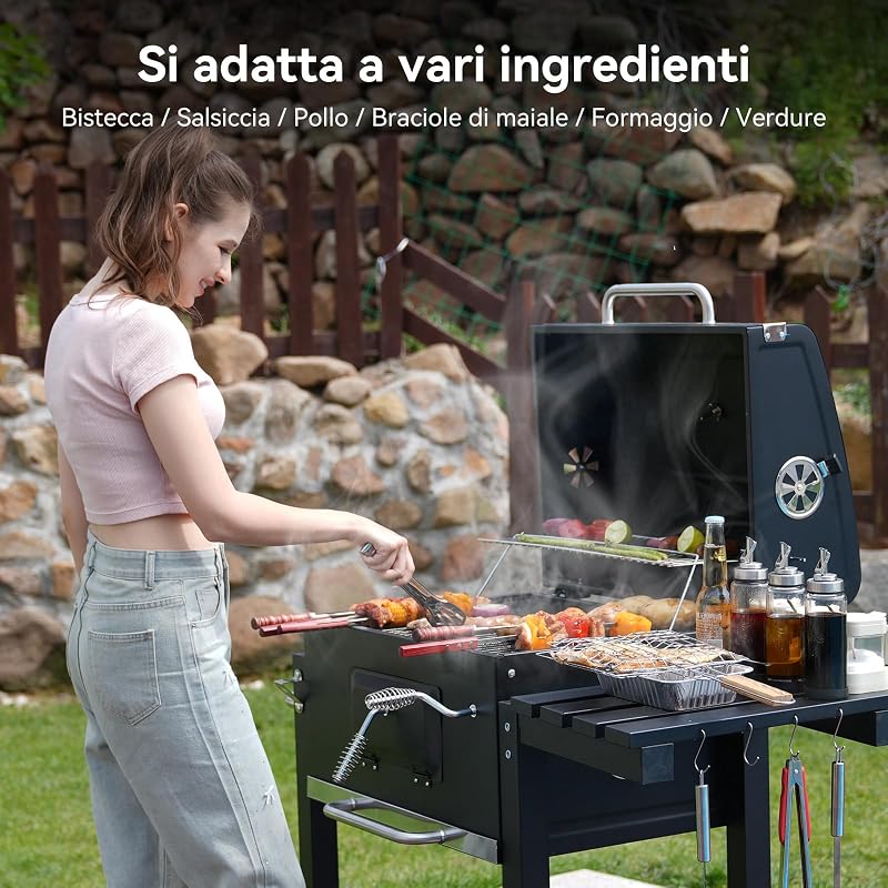Barbecue a Carbonella, Barbecue con Coperchio, Superficie Cottura: 56×42,5 cm, Vassoio Carbone Regolabile in Altezza, Tavolino Laterale Pieghevole, Con Copertura Barbecue da Esterno