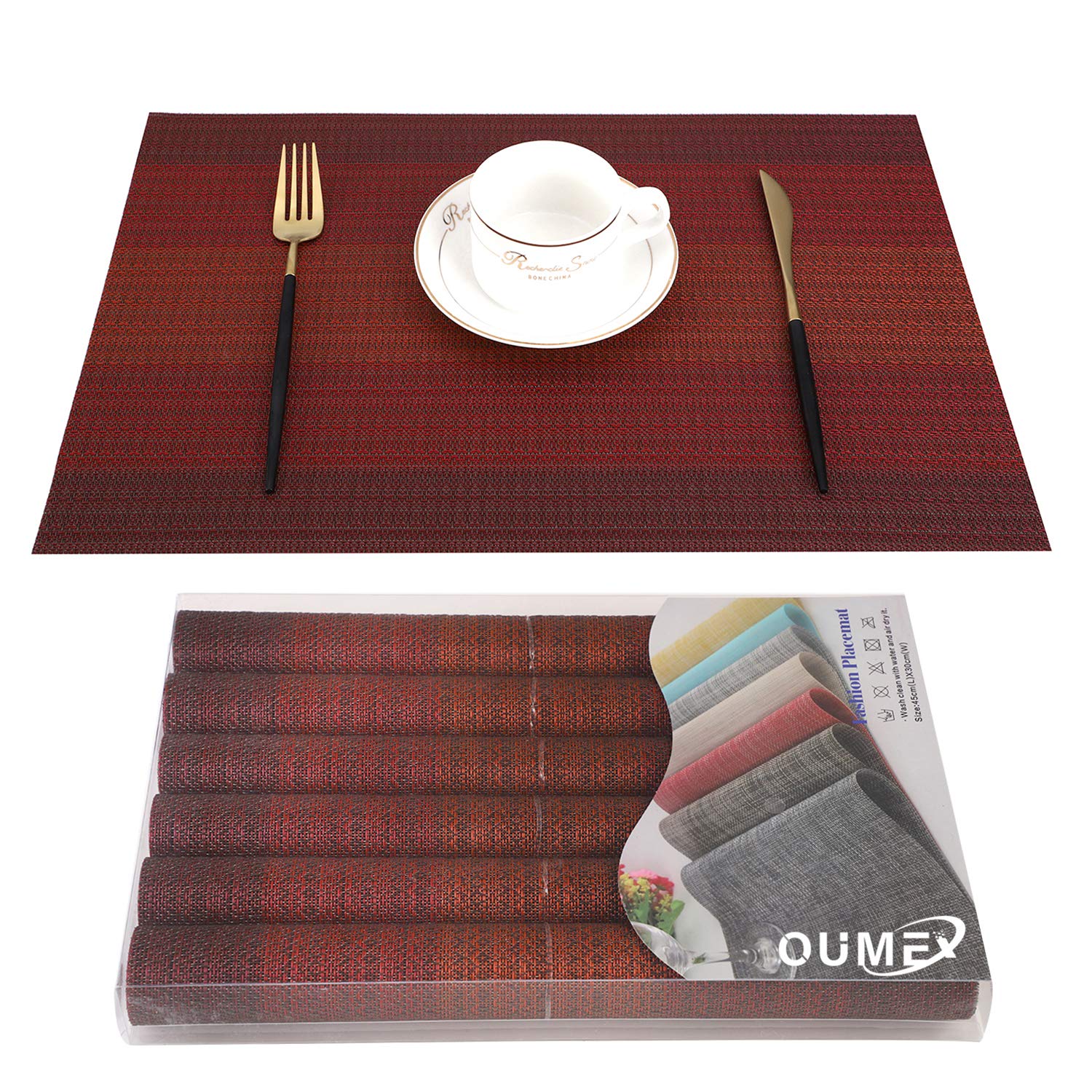OUME Placemats Set of 6 Dining Table Mats Woven Vinyl PVC Placemats Non-slip Heat-resistant Washable Place Mats