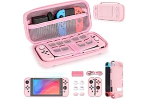 YK YOUNIK Younik Switch Case for Switch 2017, Portable Switch Carrying Case, 14 in 1 Accessories Kit with Switch Case, Cover, Screeen Protector, Thumb Grip Cap, Game Card Case and Strap (Pink, L)