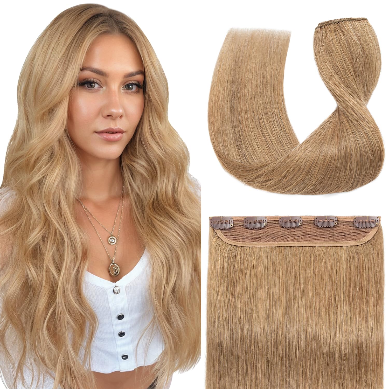 Photo 1 of S-noilite One Piece Hair Extensions Clip in Human Hair 5 Clips 3/4 Full Head Clip on Remy Hair Extension for Women,One-Piece Design Adding Hair Volume 24 Inch 60g #Dark Blonde