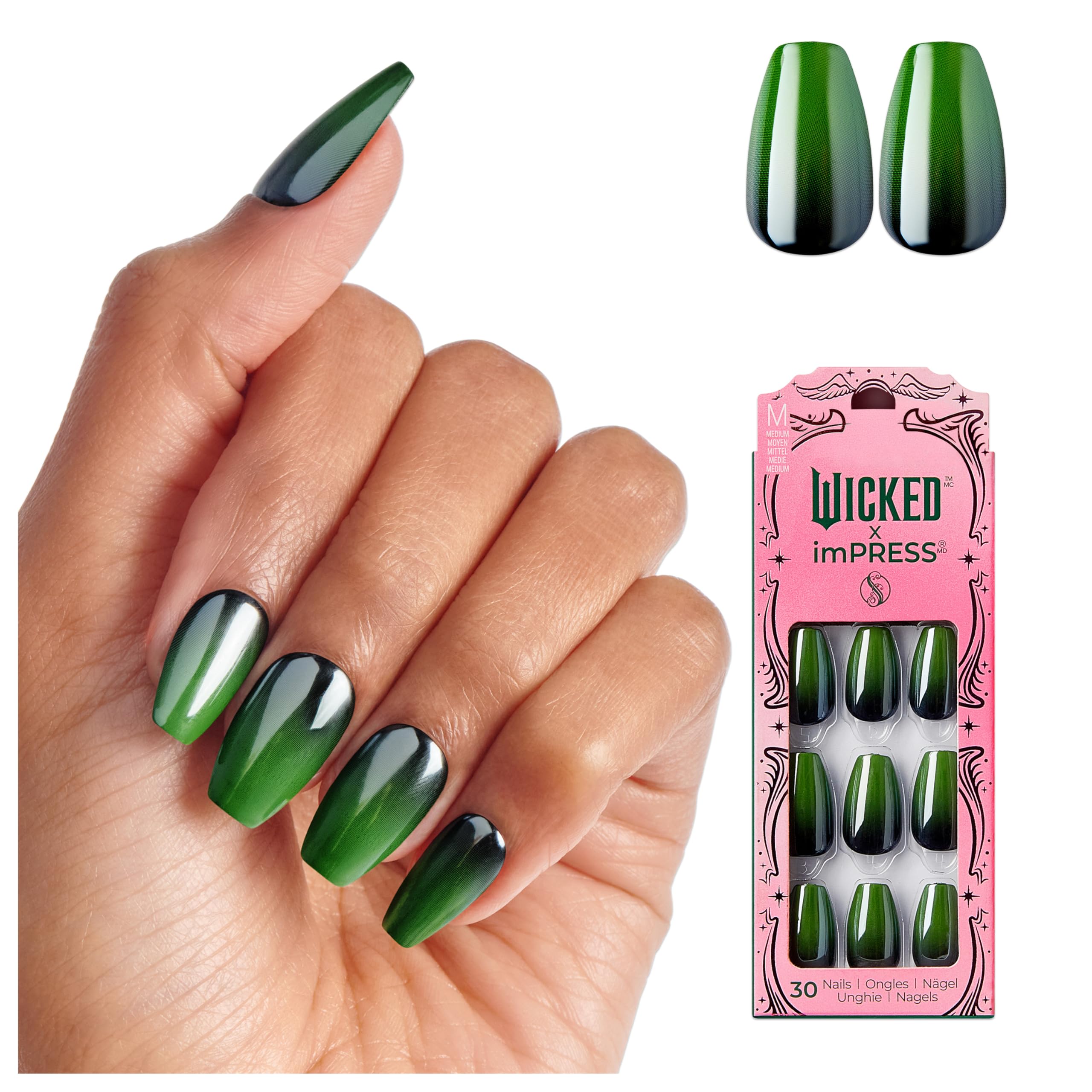 Photo 1 of WICKED X imPRESS Press On Nails, ‘Leaders Of Oz’, Green, Medium Coffin, New Improved Adhesive, Up To 10 Day Hold, Includes 30 Fake Nails, 1 Prep Pad, 1 Manicure Stick, 1 Mini File