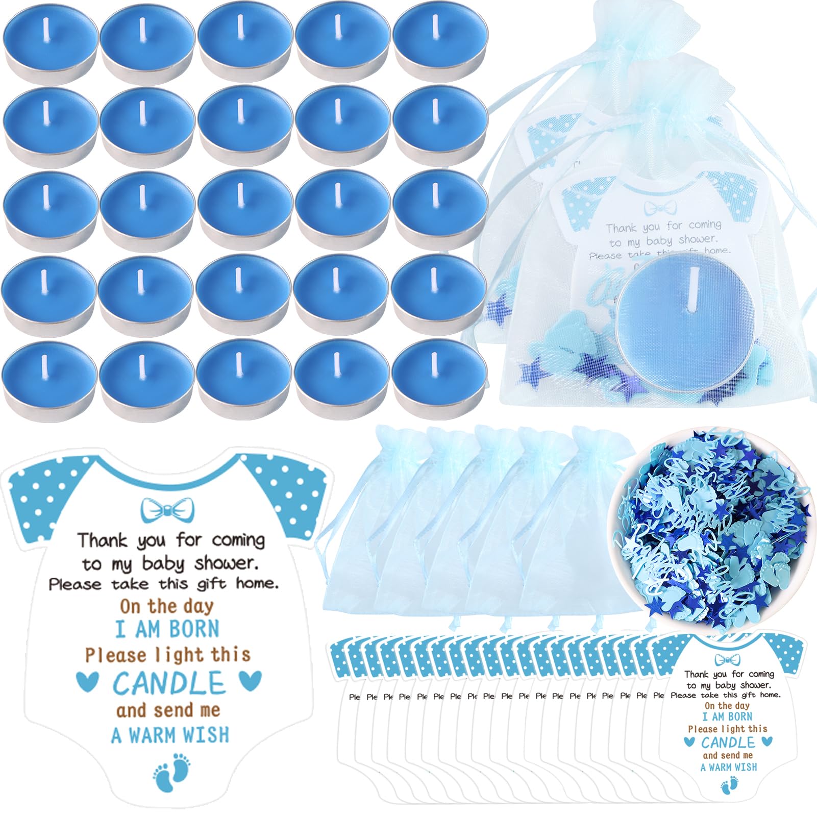 50 Sets Blue Baby Shower Favours with Thank You Cards, Tea Light Candles for Guests, Gender Reveal Party Gift, Cute Boy Themed Decorations