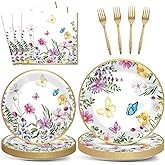 96 Pcs Spring Wildflower Party Decorations for 24 Guests Floral Tableware Plates Napkins Table Decorations Wildflower Dinnerware Party Favor for Birthday Baby Shower Bridal Shower Garden Tea Party