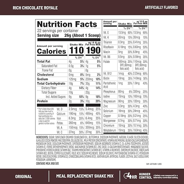 SLIMFAST MEAL REPLACEMENT POWDER, ORIGINAL RICH CHOCOLATE ROYALE, 10G OF PROTEIN, 22 SERVINGS (PACKAGING MAY VARY)