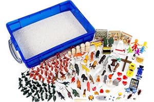 PTS Games Play Therapy Supply Basic Portable Sand Tray Starter Kit with Tray, Sand, and 150+ Miniatures