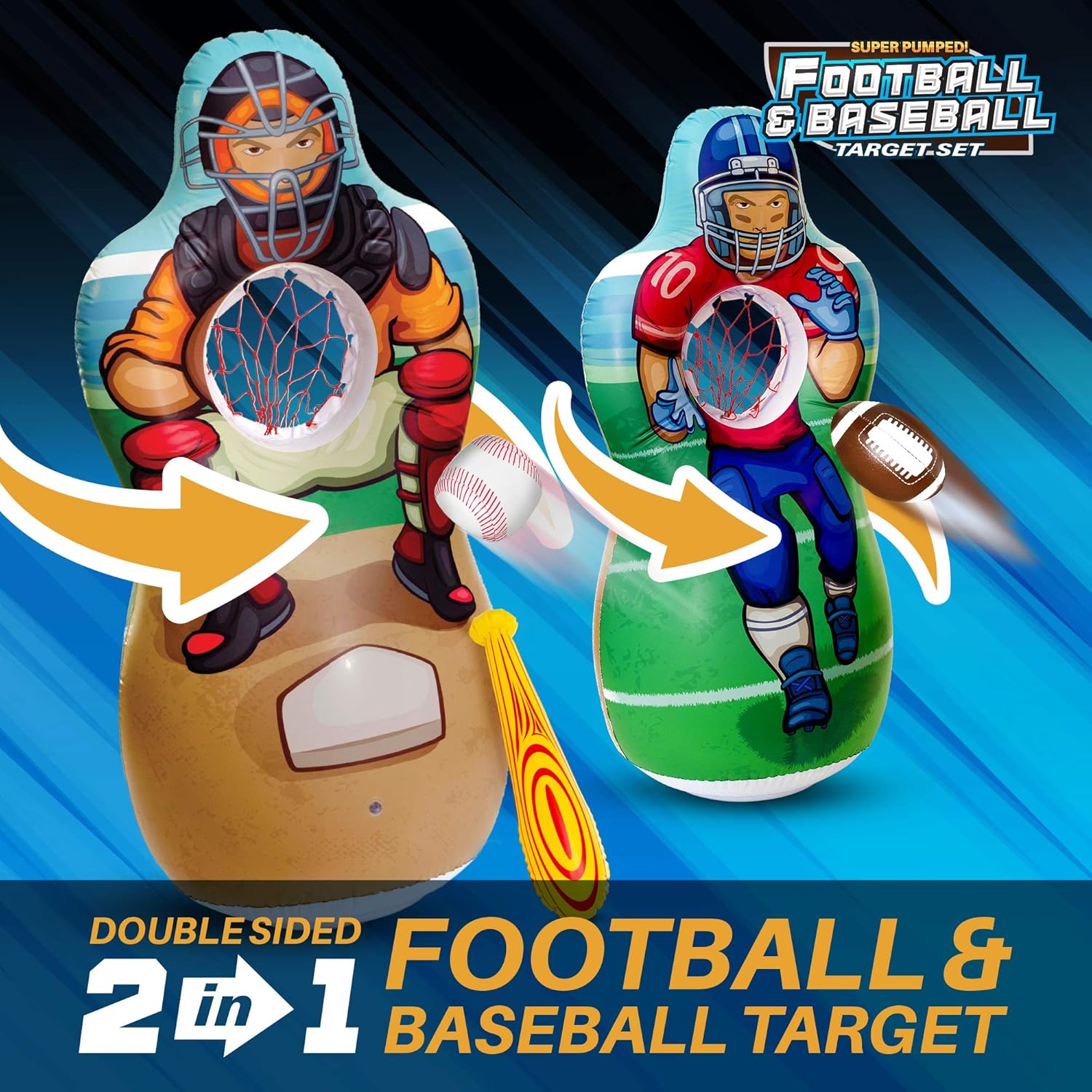Super Pumped! Inflatable Double-Sided Baseball & Football Target Set | Blow Up Toy with Soft Football, Baseball & Inflatable Bat | Fun Toss Games for Indoor, Outdoor, Backyard & Party Favor | 5 Feet: Toys & Games