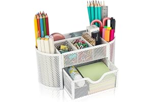 Banshou Desk Organizer Office Accessories,Mesh Desk Office Organizer with Drawer and 8 Compartments 8.66x 4.33x 4.05inch,For Office,Home,School,Classroom,kitchen(White)