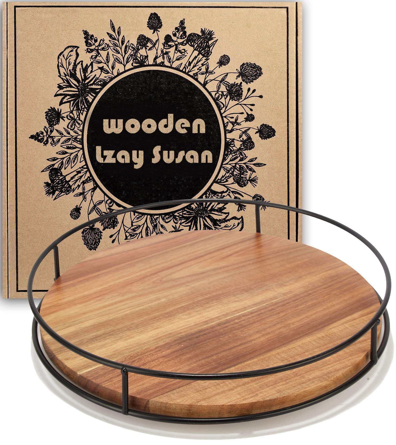 Photo 1 of 12" Acacia Wood Lazy Susan Turntable, Tomoaza Kitchen Organizer Turntable with Steel Sides, 360 Degree Lazy Susan for Countertop Cabinet or Dining Table(Black)