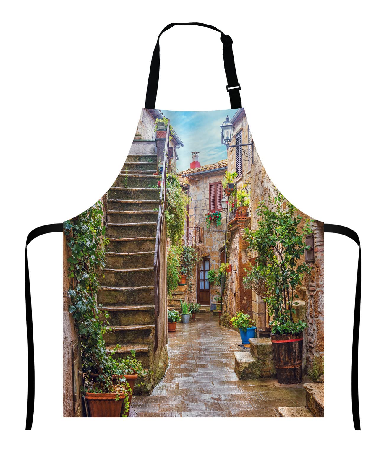 Wasach Italian Apron,View of Old Mediterranean Street with Stone Rock Houses in Italian City Rural Print,Adjustable Neck Bib for Men Women,Suitable for Kitchen Cooking Waitress Chef — image 1