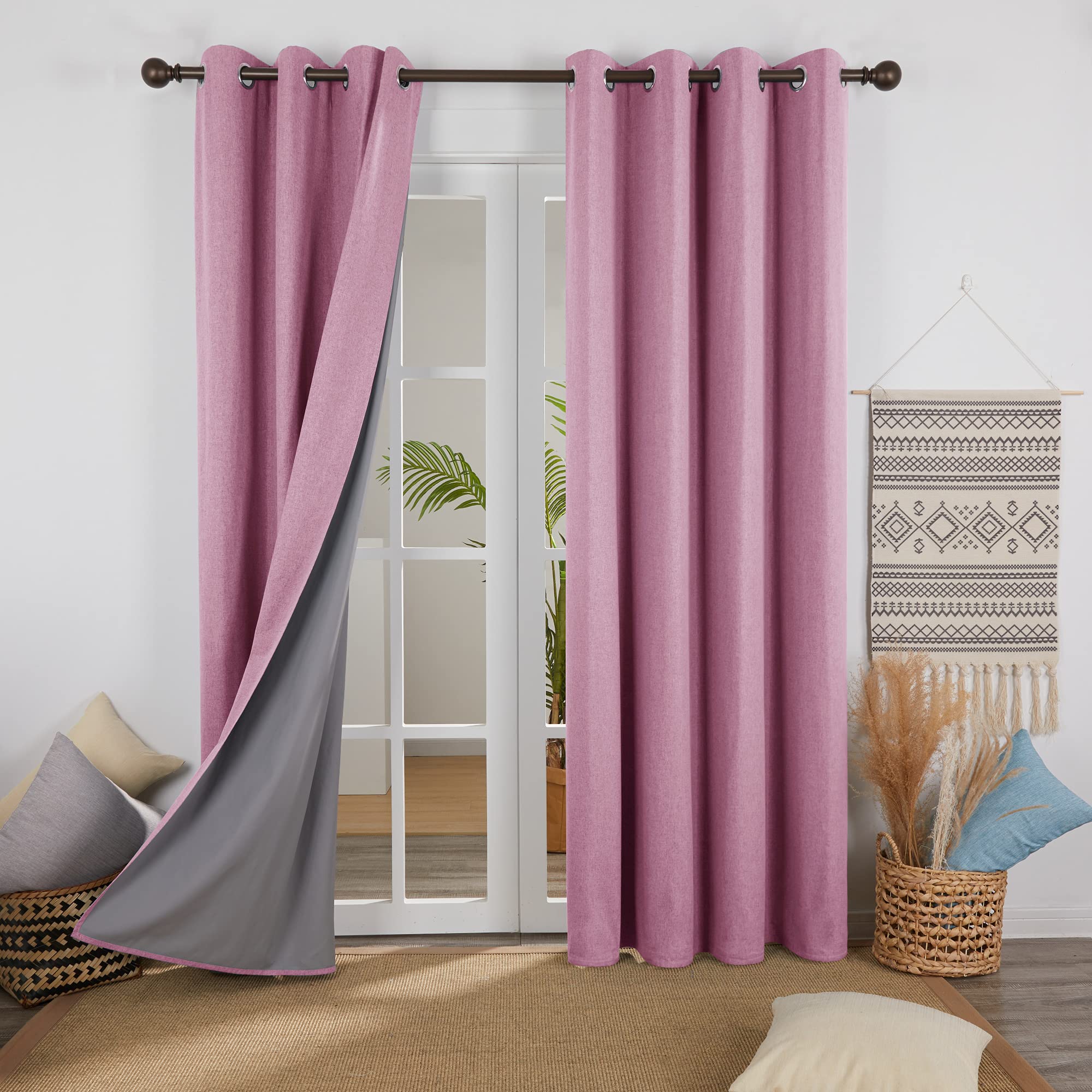 Deconovo Faux Linen 100% Blackout Curtains Eyelet Thermal Insulated Decorative Bedroom Curtains for Bedroom with Coating Back Layer 52 x 90 Inch Pink Set of 2