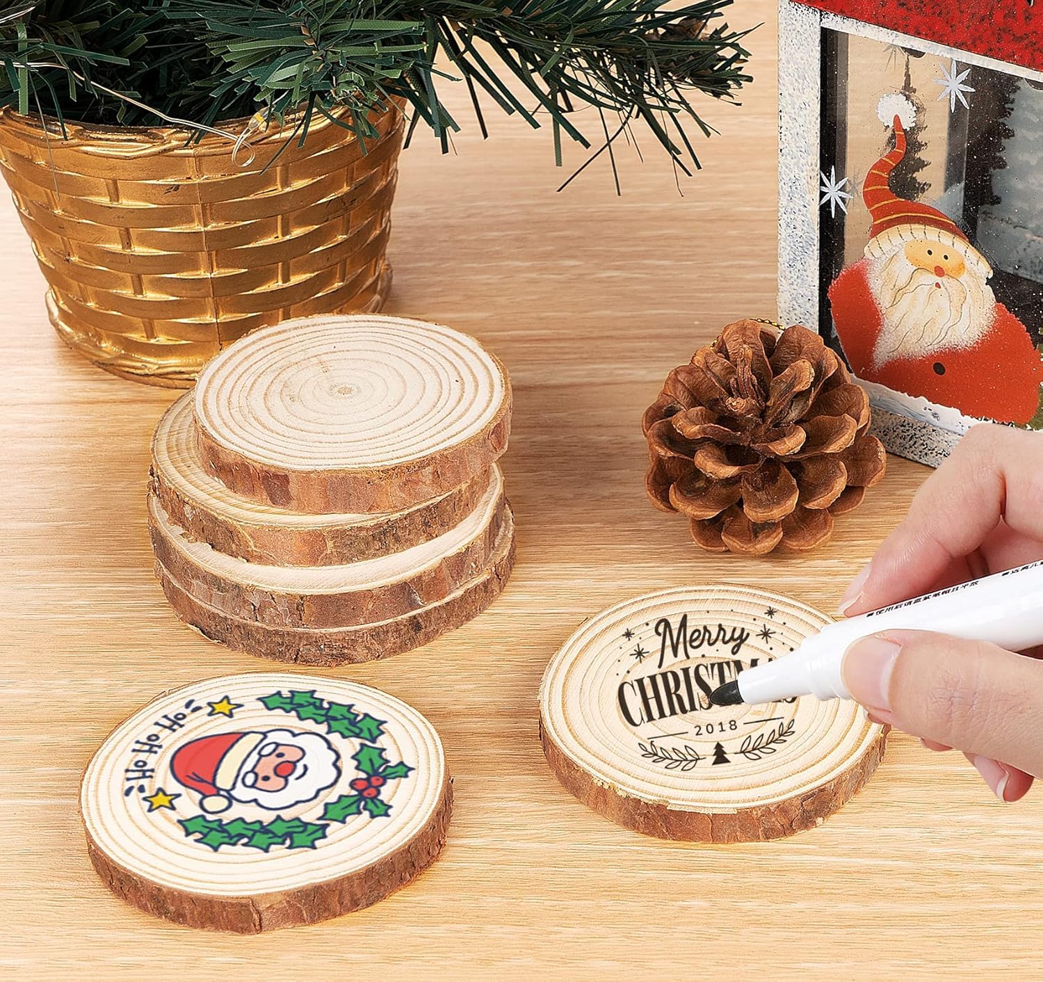 ilauke 50Pcs Wood Slices, 6-7cm Wooden Discs for Crafts Non-Drill, Unfinished Log Slices for DIY Arts Crafts Christmas Coasters Decorations