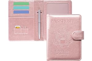 DMLuna Passport Holder Premium PU Leather Travel Passport Wallet RFID Blocking Passport Cover Case Travel Documents Organizer with Magnetic Closure, Free Mini Pen, for Women and Men, Rose Gold