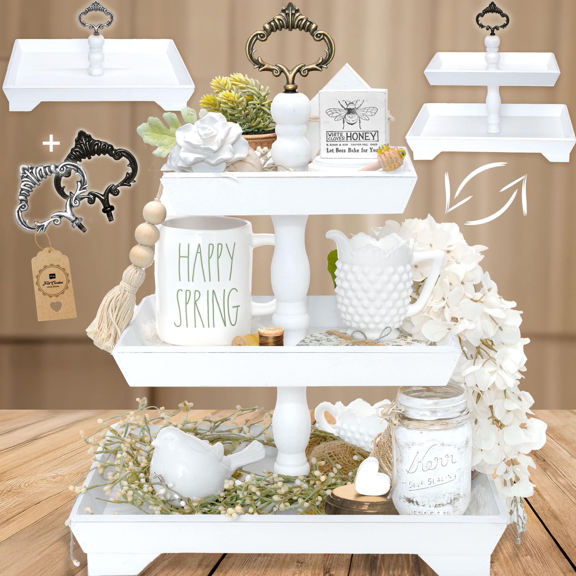 Photo 1 of [3 in 1] 3 Tier Serving Tray - Gorgeous Coffee Table Tray (Includes 3 Handles) - Can Assemble into a 1, 2 or 3 Tier Serving Stands - Rectangle Wooden Kitchen Table Centerpiece Felt Creative Home Goods