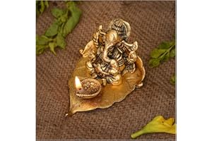 NOBILITY Ganesha on Leaf Statue Gold Ganesh Idol with Diya for Home Office Pooja Puja Diwali Decorative Wedding Return Gift Items
