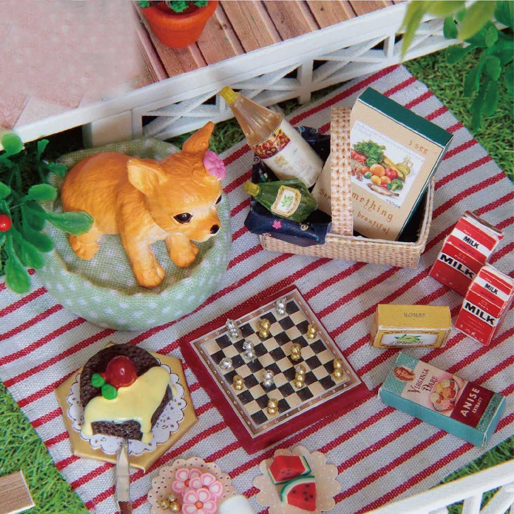 Mcitymall66 Wood Mini Dolls House Family Style-Holiday Villa House Theme With LED Furniture Kit for Children Birthday Christmas Gift