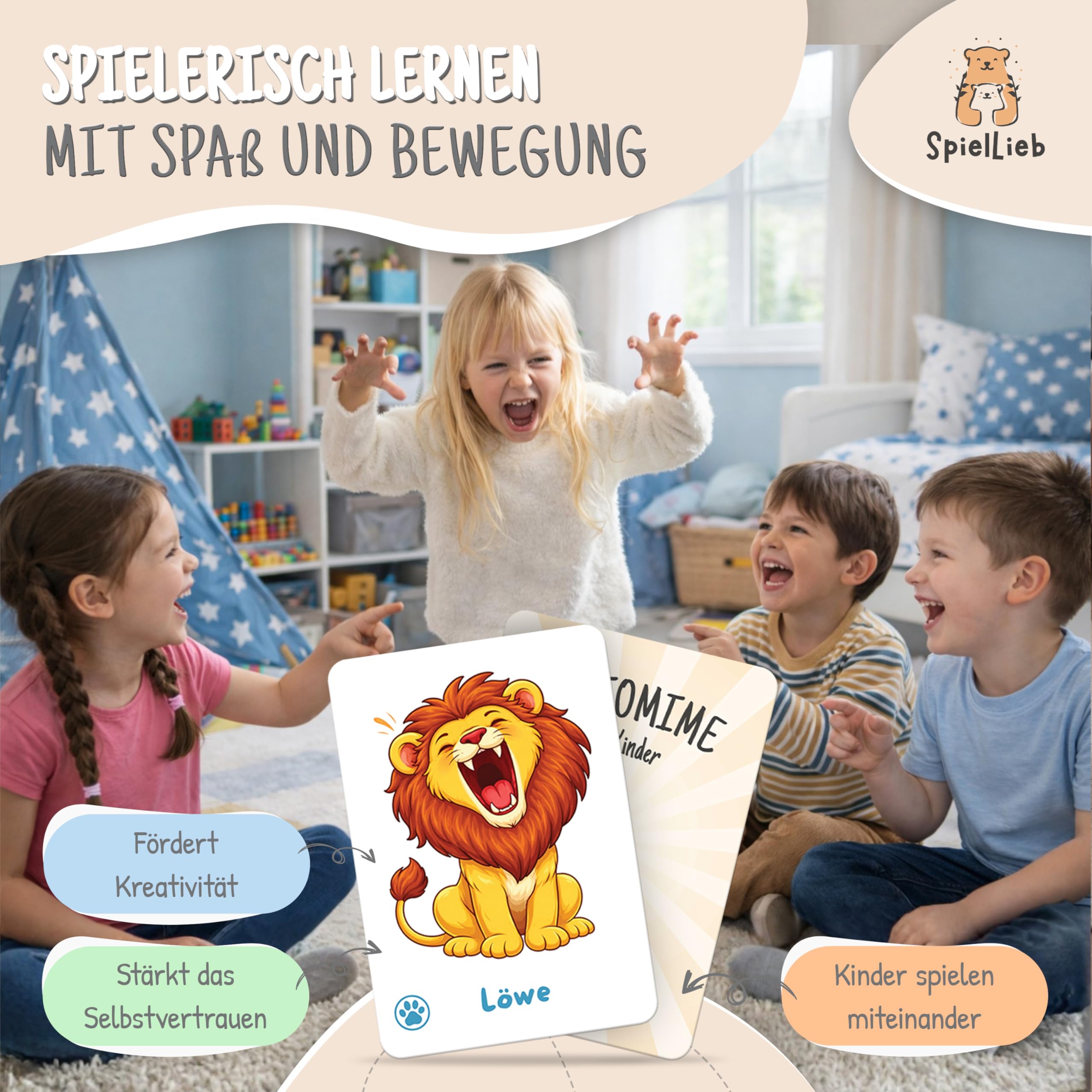 SpielLieb® Pantomime Spiel Kinder - Lustiges Lern- & Ratespiel Kartenset 4