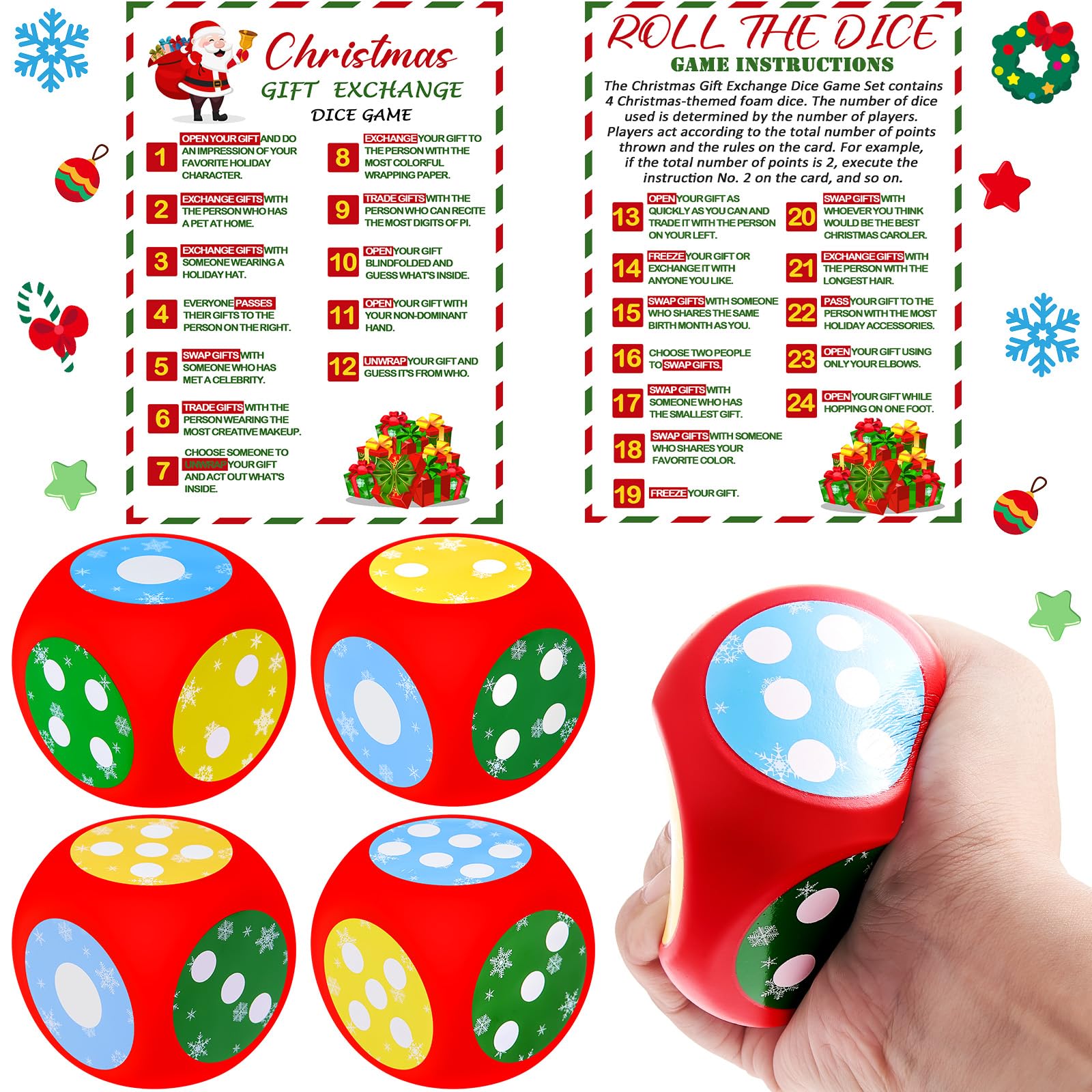 Photo 1 of Fullhawl 4 Sets Christmas Exchange Game Dice, 2.6 Inch Santa Swap Gift Christmas Group Party Game for Family Board Xmas Large Foam Dice 2025 White Elephant Gift Exchange