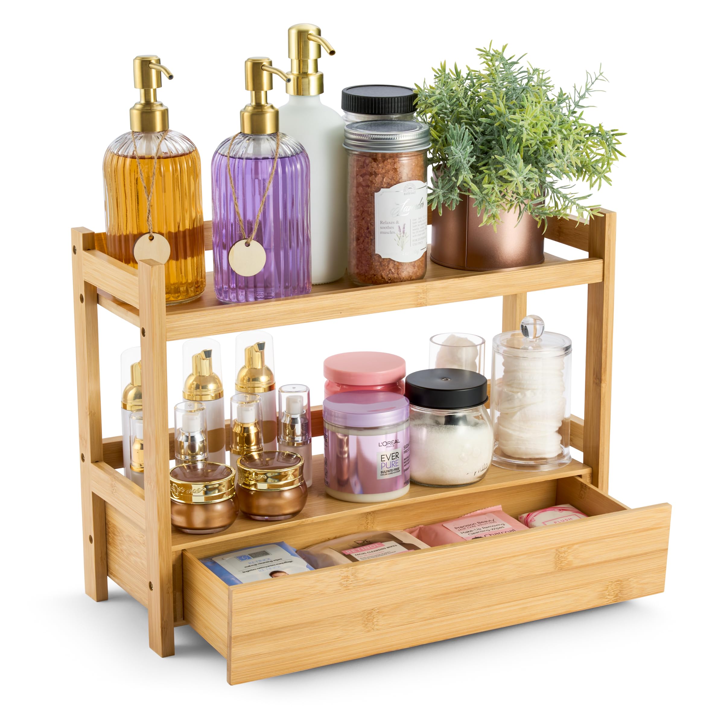 Photo 1 of **MISSING HARDWARE**Sorbus Bamboo Bathroom Counter Organizer – 2-Tier Shelf with Hidden Drawer for Vanity, Matcha Station, Bathroom Sink Organizer Countertop, Kitchen & Office Storage (17??L?x?6.5??W?x?12.6??H)