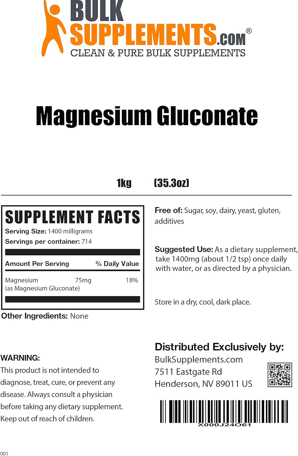 BulkSupplements Magnesium Gluconate Powder - Magnesium Mineral Supplements - Magnesium Vitamin (1 Kilogram): Health & Personal Care