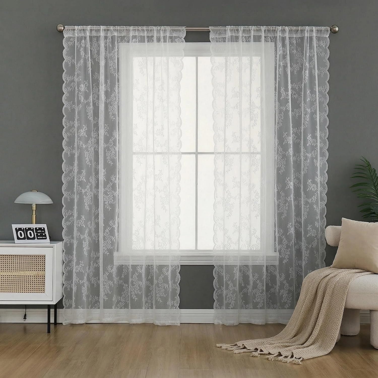 Beruyu White Sheer Lace Curtains, Floral Embroidered Net Curtains with Curtain Tiebacks, Rod Pocket Voile Window Drapes for Living Room Bedroom Kitchen, 2 Panels (59" W X 78" L)