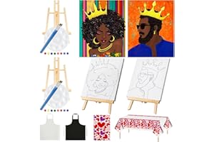 Yeaqee 13 Pcs Valentines Sip and Paint Kit for Couples Date Night Painting Kit Supplies Canvas Art Painting Set Pre Drawn Blank Stretch Canvas for Couple Adults Party(Afro King Queen,8x10)