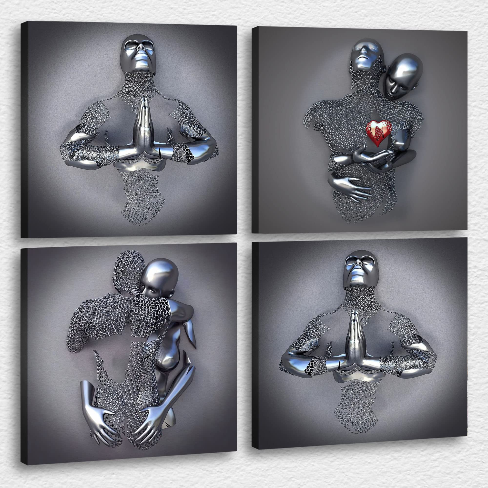 4 Piece Set Bedroom Wall Decor Love Heart Gray 3D