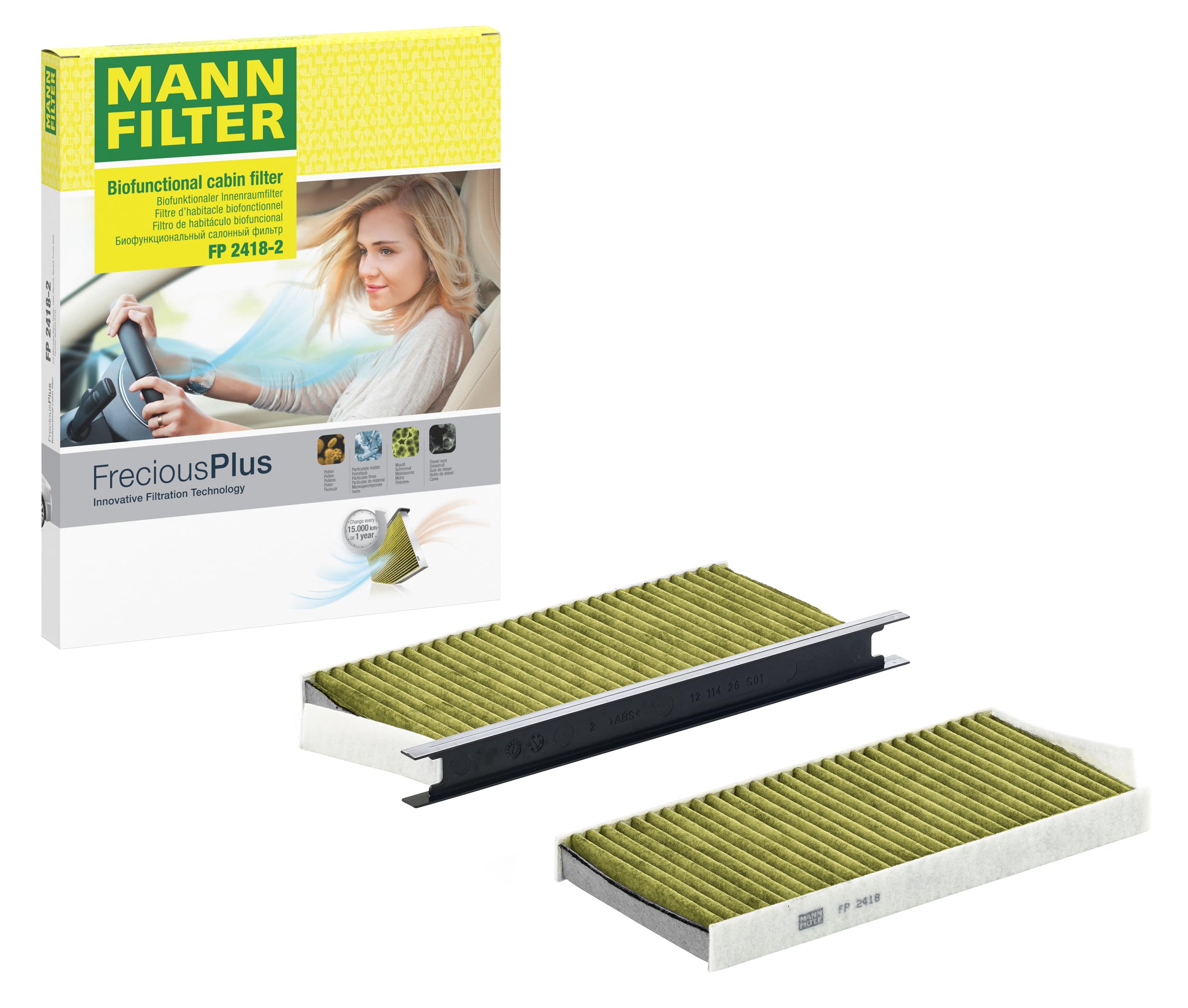 MANN-FILTER FP 2418-2 Biofunctional Pollen Filter (Set of 2) - For Passenger Cars - Polyurethane - Heating Filter