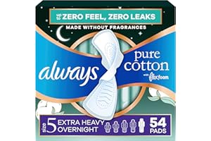 Always Pure Cotton Feminine Pads for Women, FlexFoam Pads with Wings, Size 5, Extra Heavy Overnight Absorbency, Unscented, 54 Count (3 Packs of 18)
