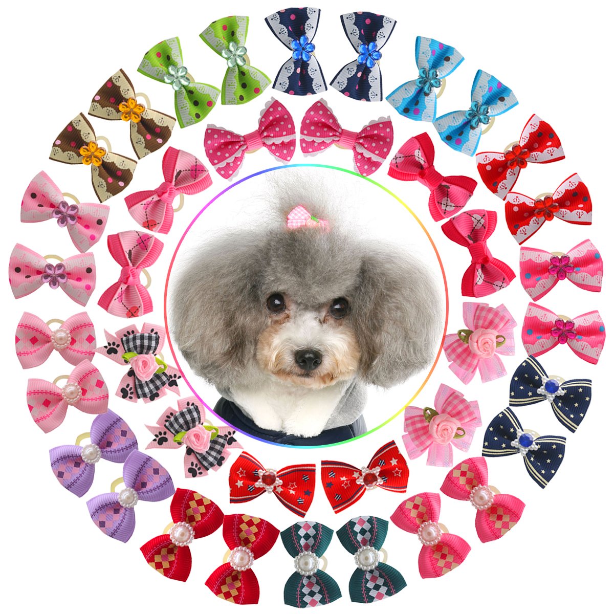 HOLLIHI 40pcs / 20 Pairs Adorable Grosgrain Ribbon Pet Dog Hair Bows with Rubber Bands - Puppy Topknot Cat Kitty Doggy Grooming Hair Accessories Bow knots Headdress Flowers Set for Groomer