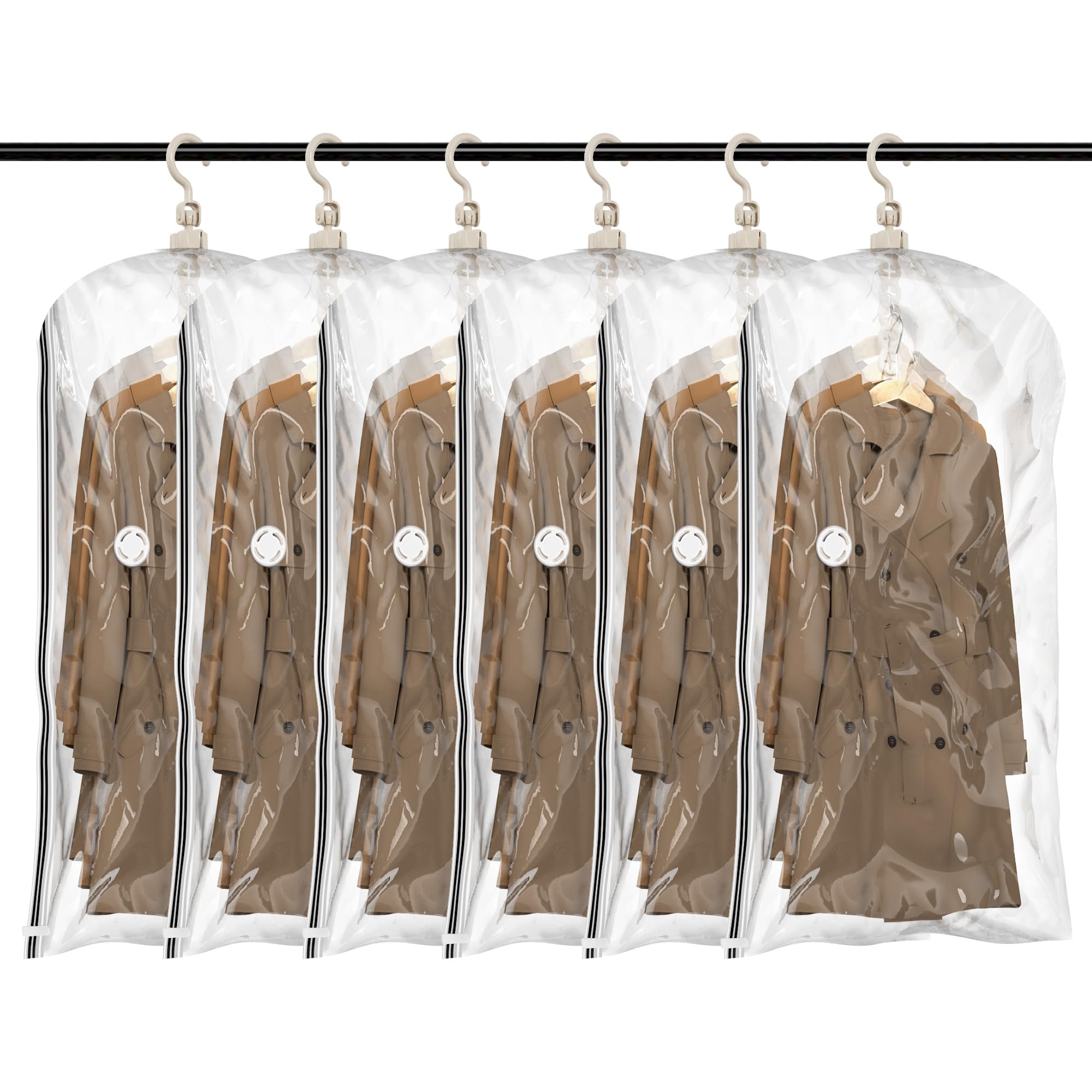 Hanging Vacuum Storage Bags, 6 Jumbo Vacuum Pack Bags for Clothes Reusable Space Saver Bags Vacuum Compression Storage Bags for Winter Coats Wardrobe Coats, Suits & Dresses Garment 5-Ring Hangers