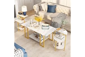 Lamerge Coffee Table Set of 3,Rectangle Coffee Table&2 Accent Table,Faux Marble Tabletop,3 Piece Living Room Table Sets with Multi Tier Storage, for Small Space, Apartment,White & Gold (LCTS-wg)