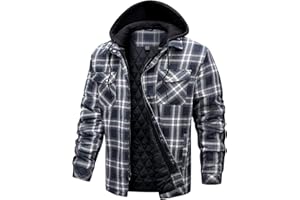 CHEXPEL Flannel Jackets for Men Long Sleeve Plaid Shirt Jacket Quilt Lined Hooded with Button Down Winter Coat