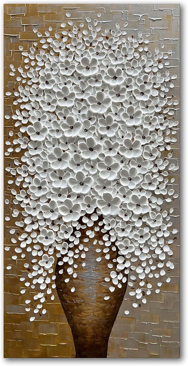 Paintings - Epicler hand-painted 3D flower oil painting with metal texture background, 40x20 inch white flower art painting, modern canvas murals, white flower art