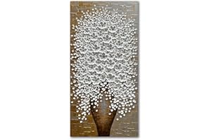 EPICLER ART Epicler Hand-Painted 3D Flower Oil Painting with Metal Texture Background, 40x20 inch White Flower Art Painting, Modern Canvas murals, White Flower Art