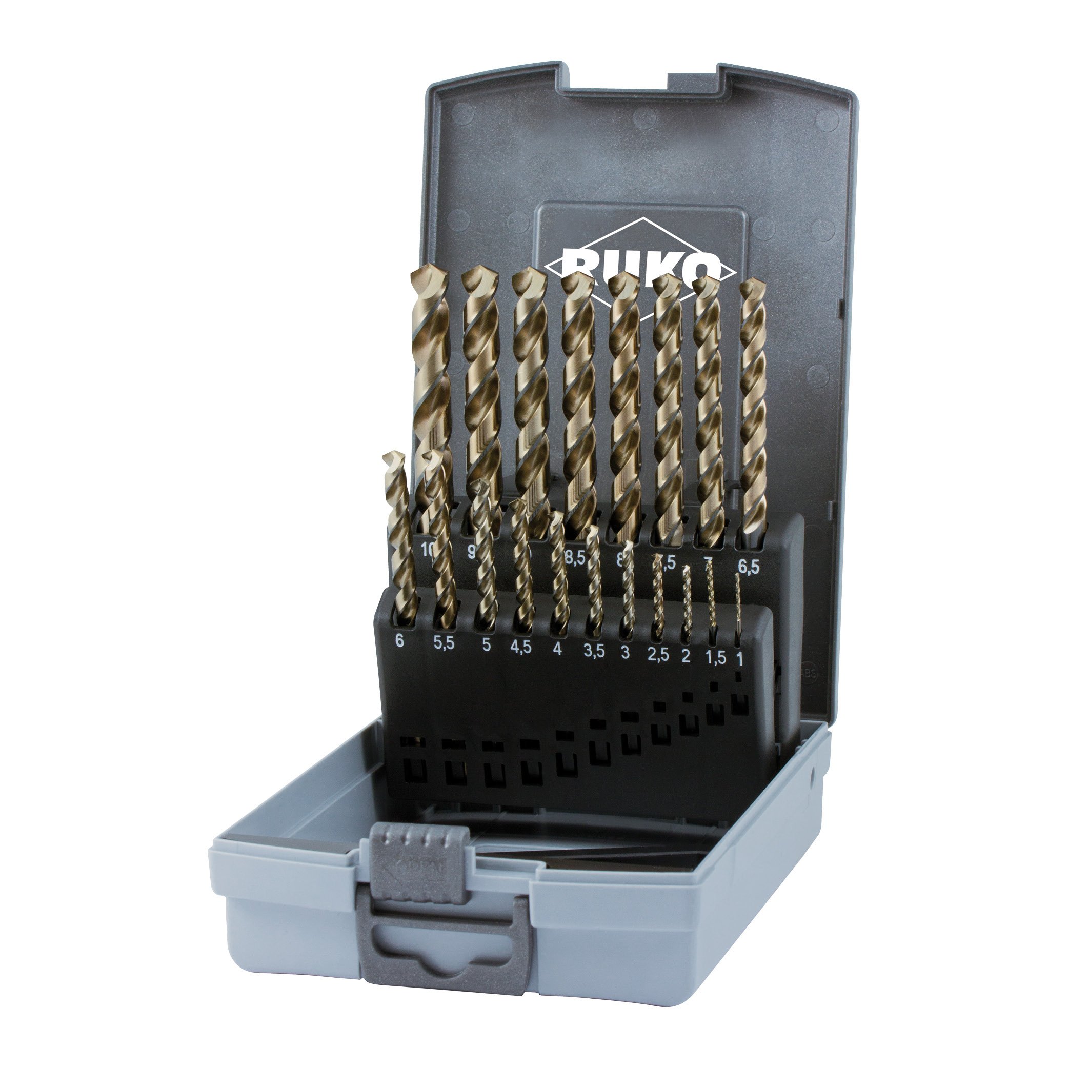 RUKO HSSE-Co 5 Twist Drill Bit Set in Plastic Case, DIN 338, Type UNI, Gold/Black Finish, 19 Pieces, R228214RO