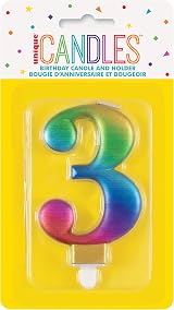 Unique Metallic Rainbow Number 3 Birthday Candle 3D Topper view 2