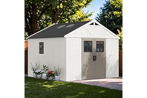 Greesum 10×10 FT Plastic Outdoor Storage Shed with Floor and Lockable Door, Resin Sheds with Windows and Skylights, Weather Resistant Organization for Garden, Lawn, Pool Supplies, Beige