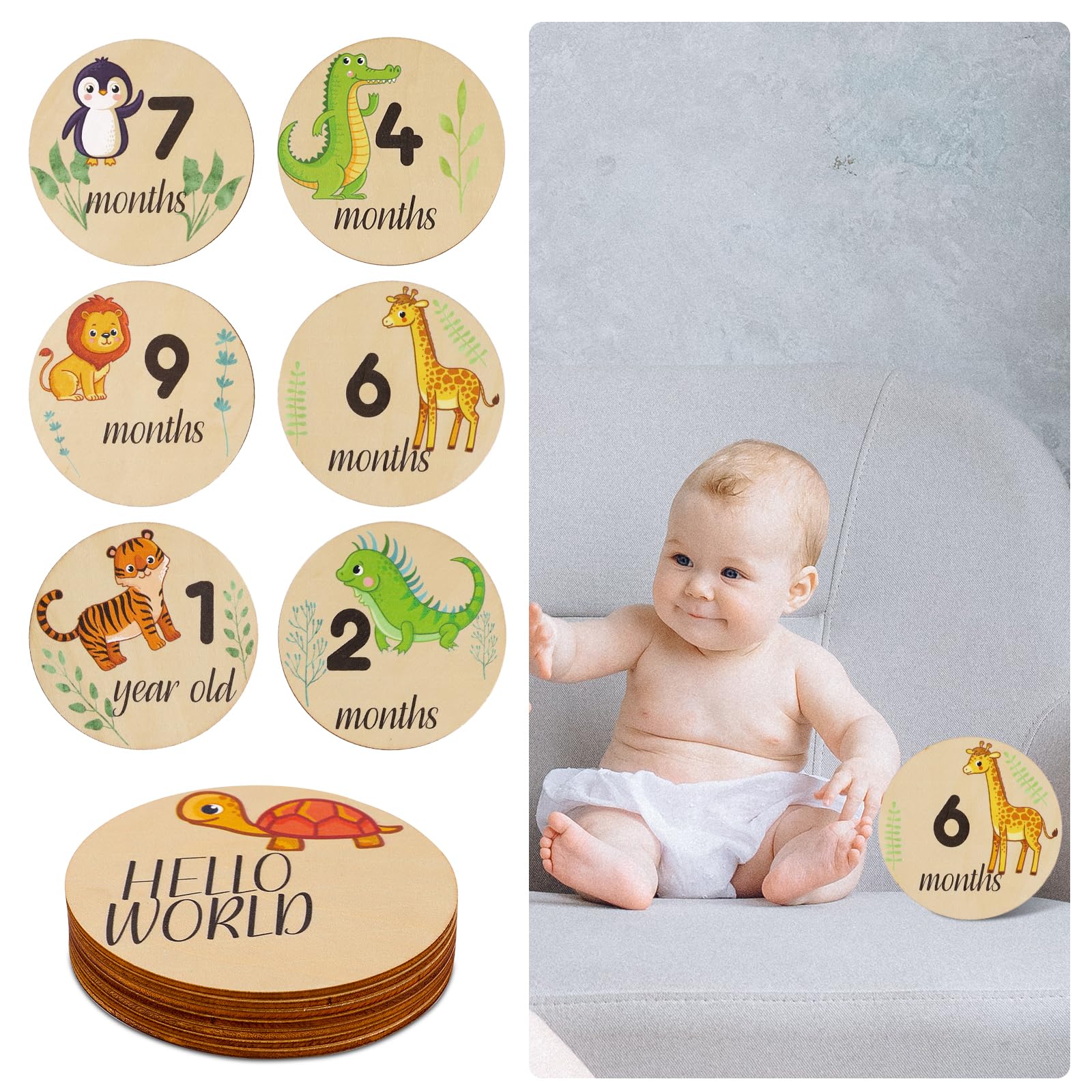 7pcs Baby Monthly Milestones, Wooden Baby Month Milestone Discs Round Double Sided Baby Announcement Circles Blocks Hello World Sign Cards for Newborn Boys and Girls Baby Shower Photo Props