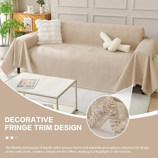 DREAMINGO SOFA COVERS WASHABLE THICK CHENILLE COUCH COVER FOR 3 CUSHION COUCH SOFA MULTI-USE COUCH COVER BLANKET MODERN PET FURNITURE PROTECTOR SECTIONAL COUCH SLIPCOVER 71″X150″, KHAKI