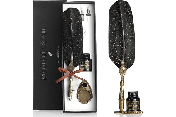 VANGOAL Vintage Black Feather Pen and Ink Set, Classic Series Goose Quill With Carving Stand, Calligraphy Nibs, Black Dip Ink