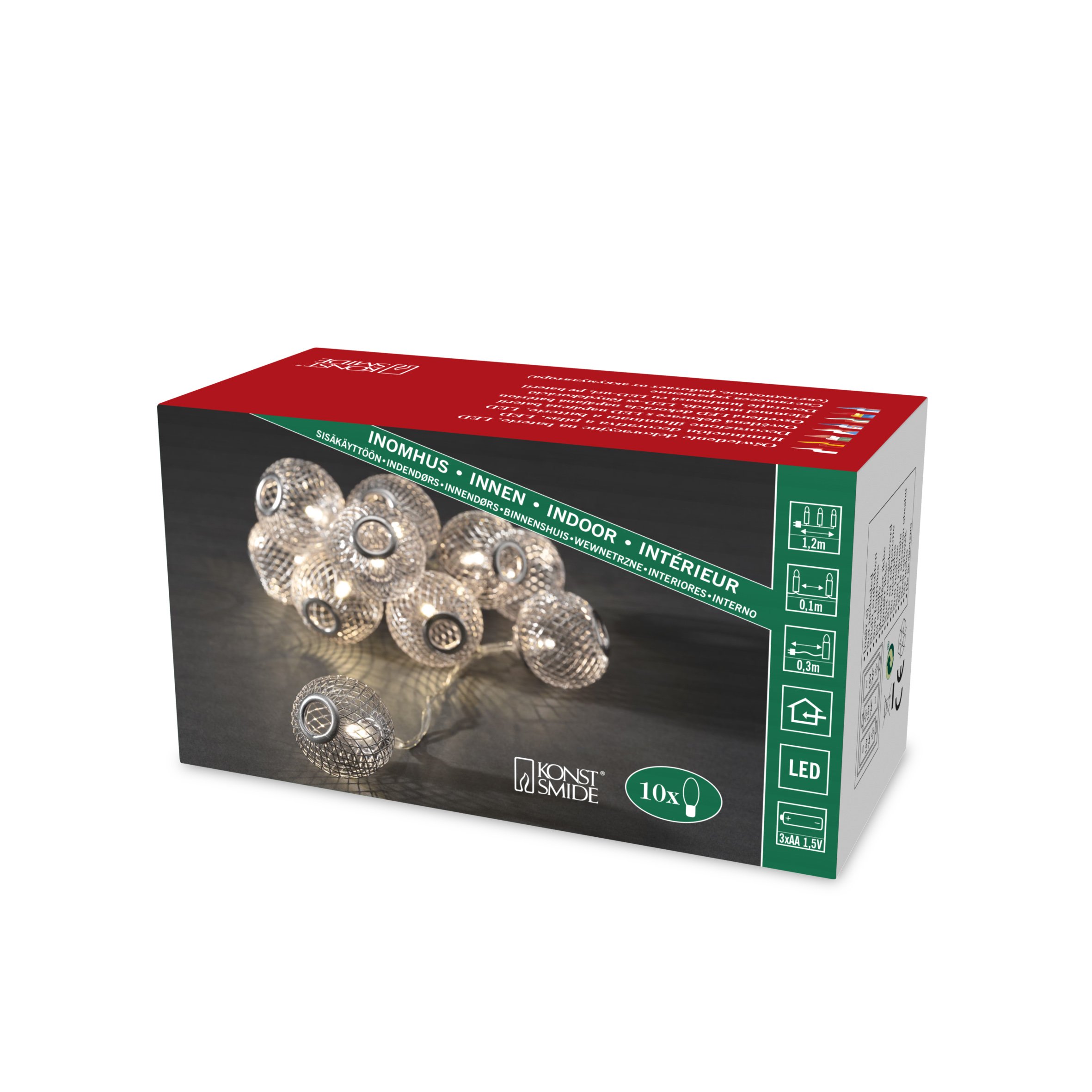Konstsmide Battery Fairy Lights Indoor LEDs "Metal Balls Silver" Transparent Wire / Requires 3AA (excl.) / Christmas Lights Battery Powered with 10 Bright LEDs / Warm White String Lights