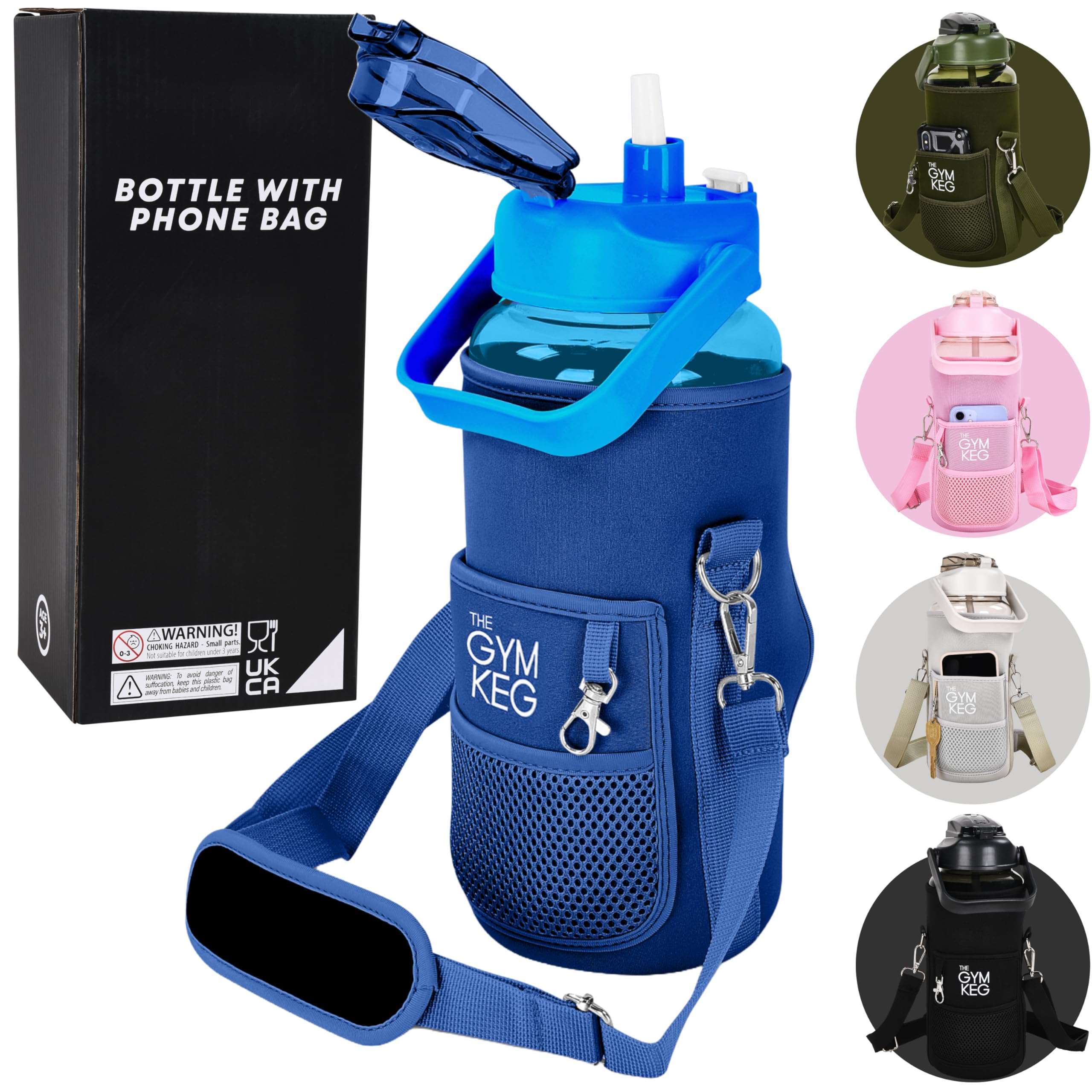 Gym Keg 2.2L Water Bottle Carrier with Shoulder Strap - Includes Phone Holder - Leak Proof - Bottle Holder Bag - Large Capacity - Gym Water Bottle with Sleeve for Active Lifestyle - Classic Blue