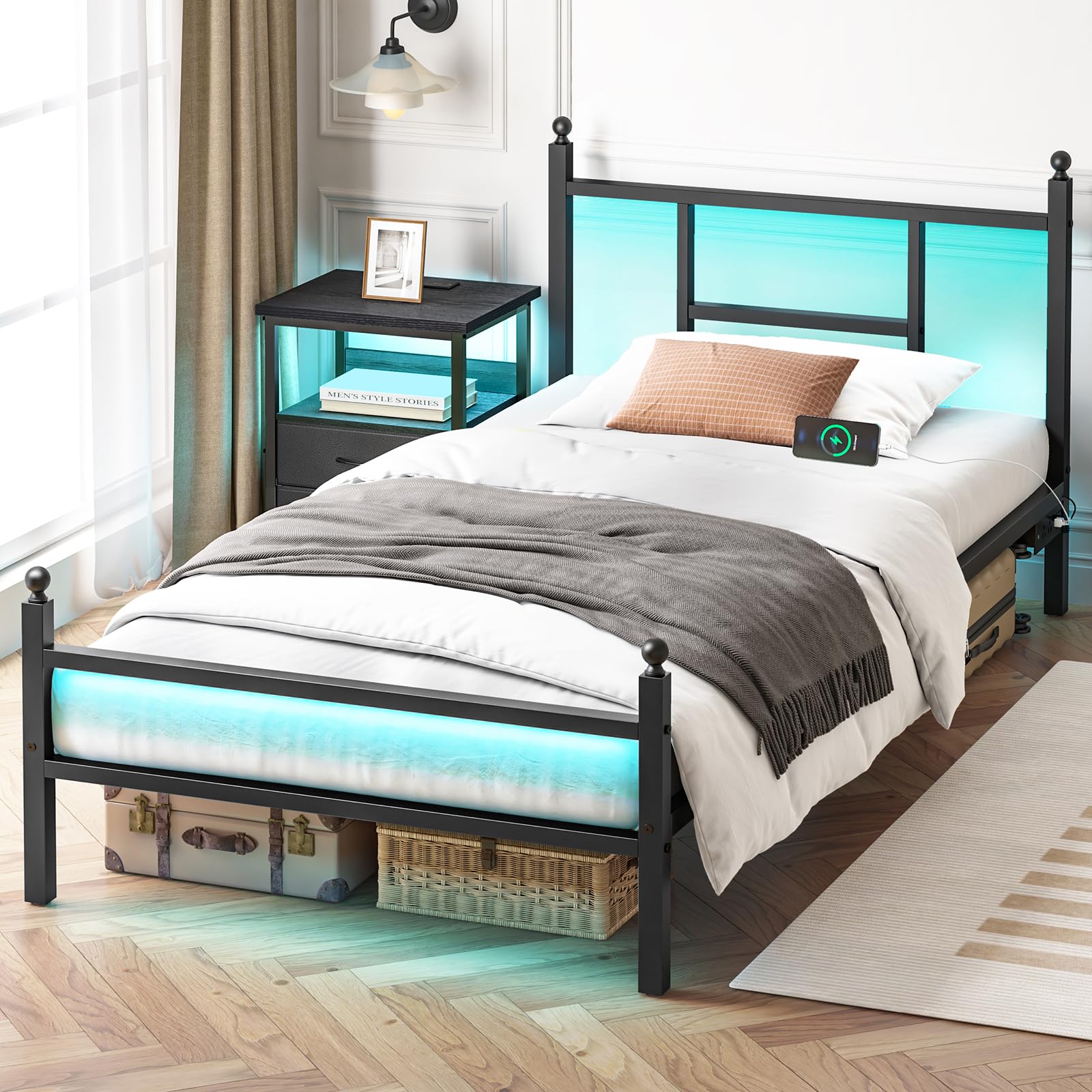 Photo 1 of Fixwal Twin Bed Frame with Charging Station, Metal Bed Frame with Port and Outlet, Black