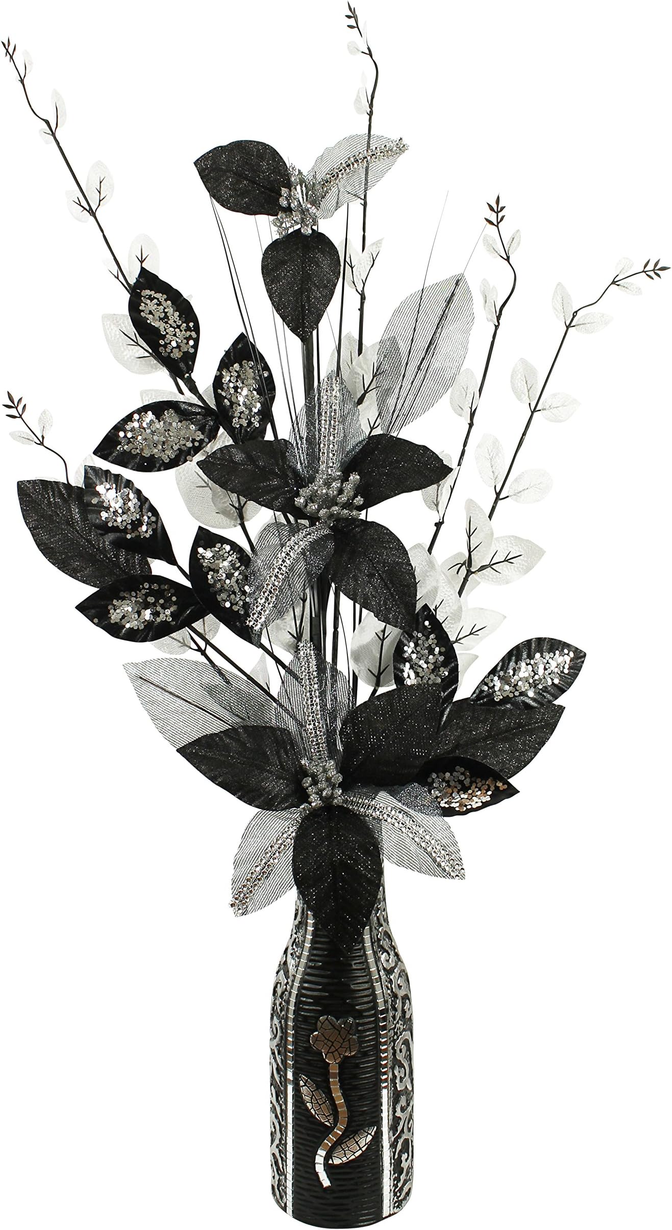 Flourish Black and Silver Artificial Diamante Vase, Table Decorations, Home Accessories, Window Ornament, Living Room Flowers, Height 70cm, Fabric, 15 x 34 x 70 cm