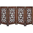 Pet Dog Safety Gate - 4 Panels 56" Wx28 H Leaf Wooden Foldable - Hand Carved Solid Wood and MDF - Free Standing Portable Indoor Doorway Hall Stairs Dog Puppy Fence - Fully Assembled - Burnt