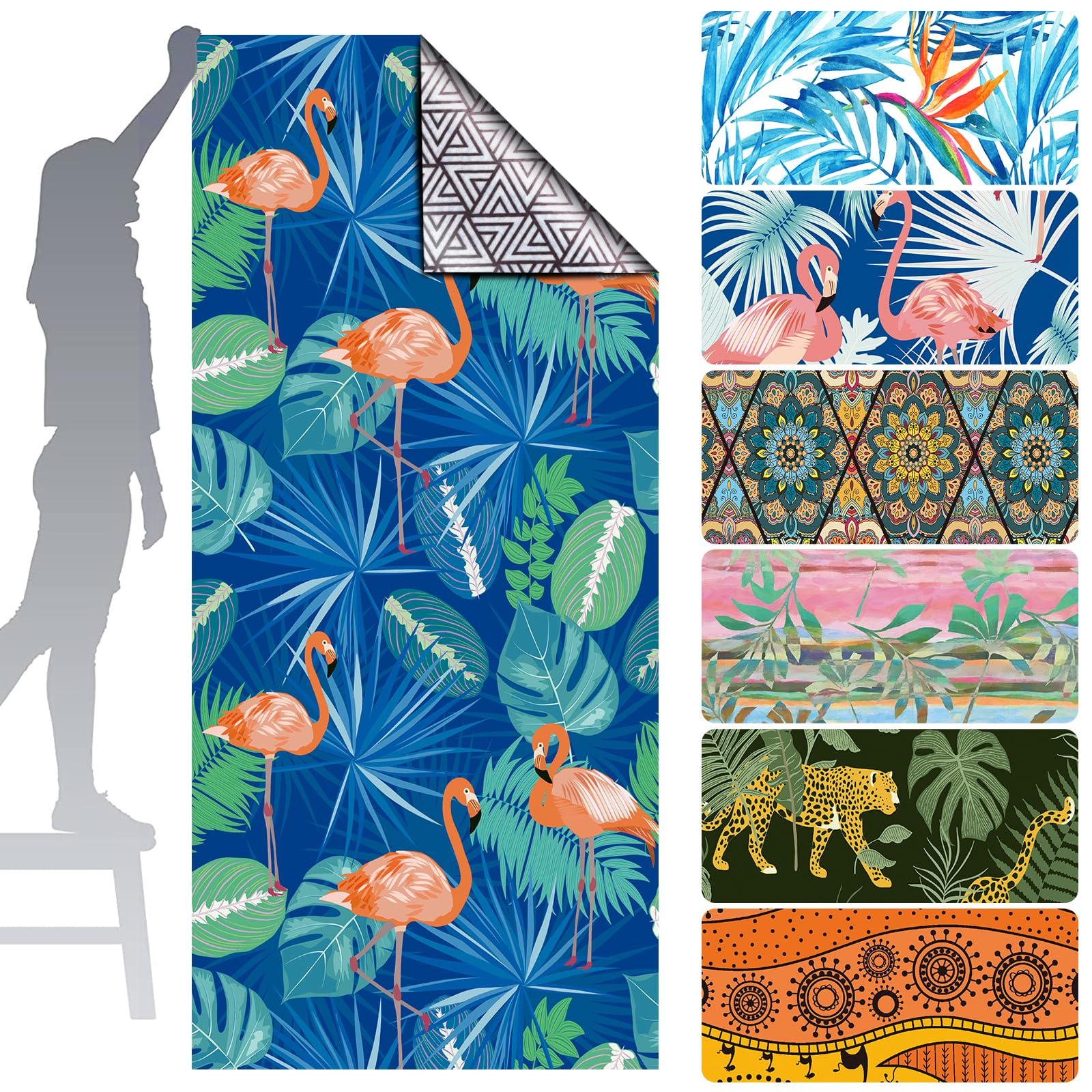 Beach Towel, 71"x32" Double Sides Oversized Microfiber Beach Towel for Adult, Lightweight Extra Large Quick Drying Sand Free Pool Towel for Swimming, Sports, Beach, Gym-Sunset(Thin) (Flamingo-Green)