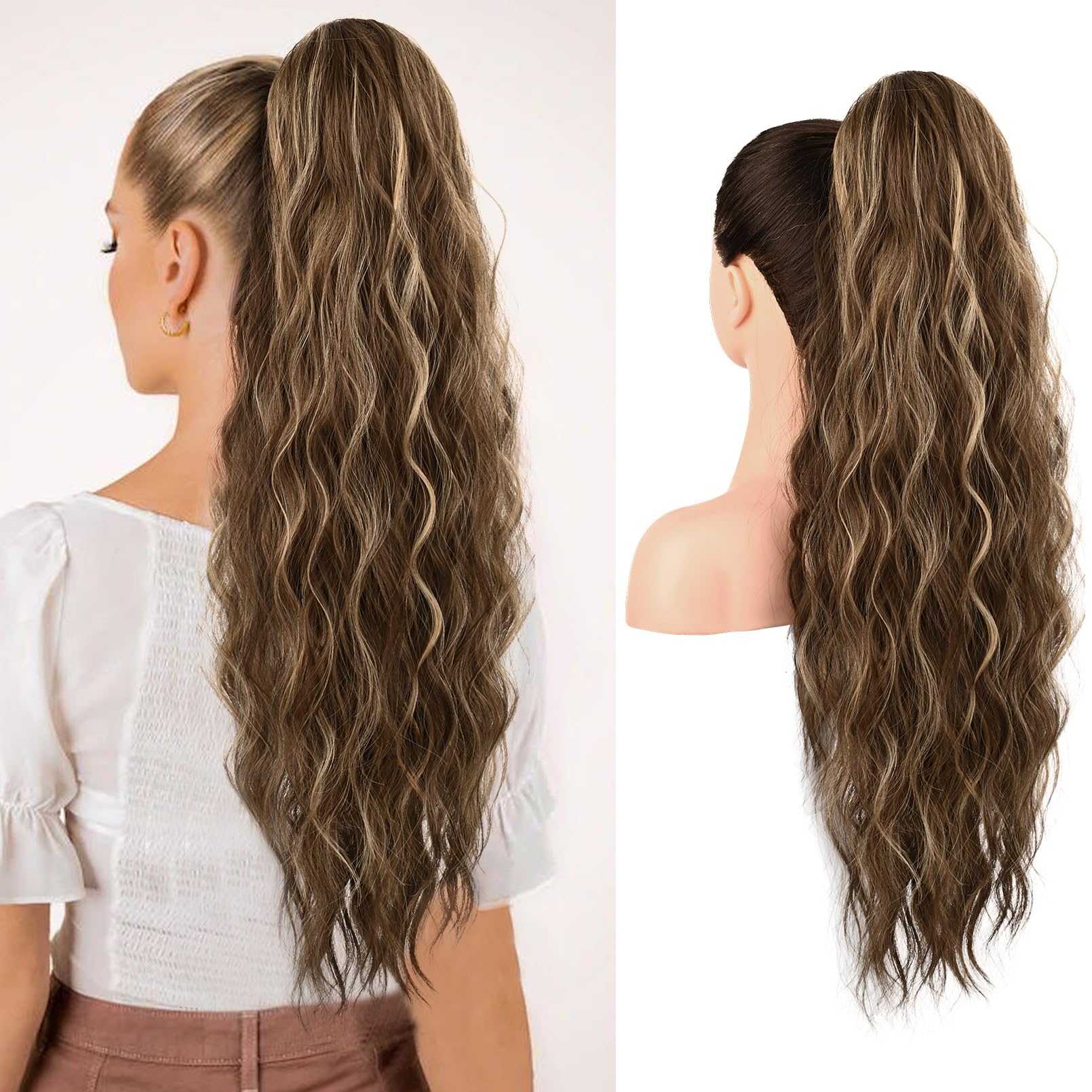 REECHO Ponytail Extension, 26" Long Beach Wave Drawstring Pony Hair Extension Synthetic Pony Tail Hairpiece for Women - Chocolate Brown with Blonde Highlights — image 1